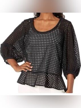 Club Monaco Black Eyelet Peplum Blouse with Balloon Sleeves size small